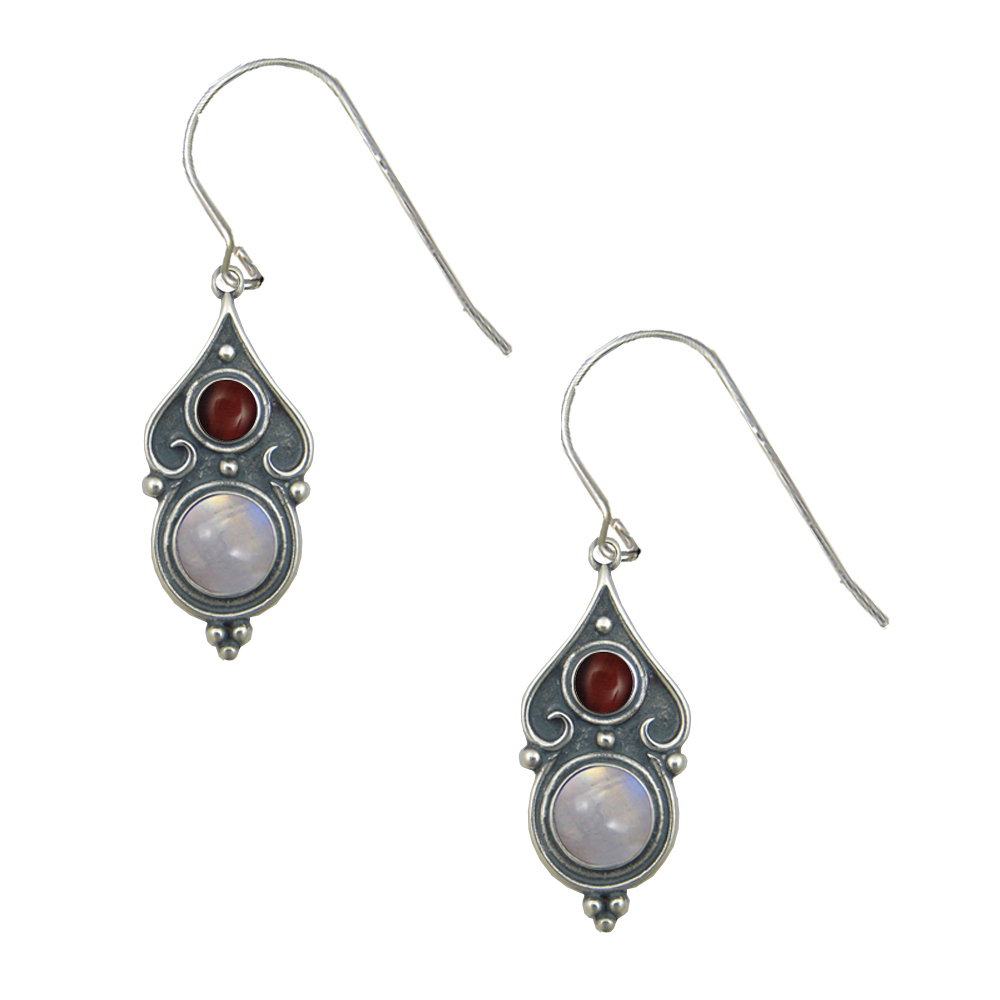 Sterling Silver Designer Post Stud Earrings With Rainbow Moonstone And Red Tiger Eye